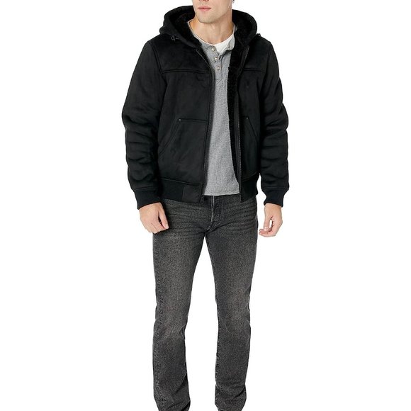 NWT $250 LEVI'S Men M Faux Suede Sherpa Lined Hoodie Bomber Trucker Jacket Black - Picture 3 of 10
